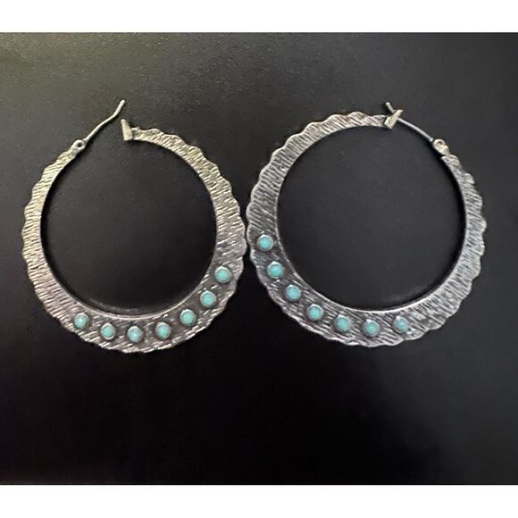 Silver and Blue Textured Hoop Earrings - Picture 1 of 3